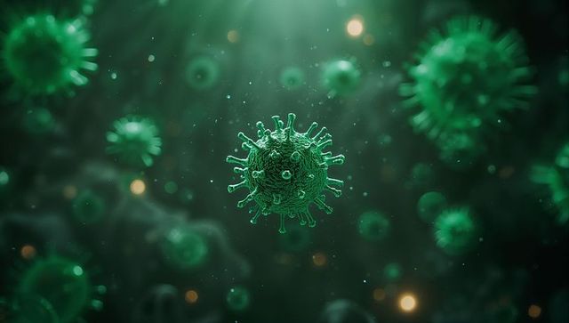 Floating green viral particles in microscopic environment