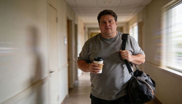 Midlife man walking down care corridor carrying duffel bag and coffee cup