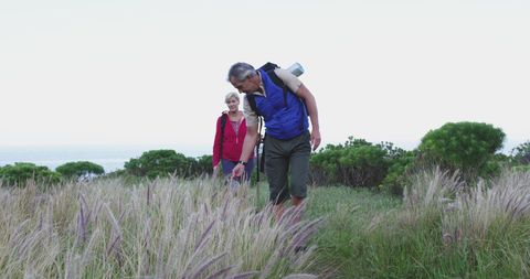 Senior Couple Hiking in Scenic Grassland, Exploring Nature - Download Free Stock Images Pikwizard.com