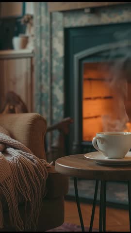 Steaming cup beside fireplace in cozy living room vertical video evoking warmth and comfort