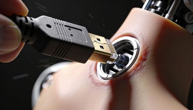 Inserting gold-plated connector into skin-embedded cyborg port, futuristic biointerface
