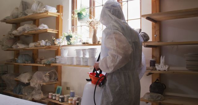 Worker Sanitizing Ceramic Studio with Protective Gear and Spray Equipment - Download Free Stock Images Pikwizard.com