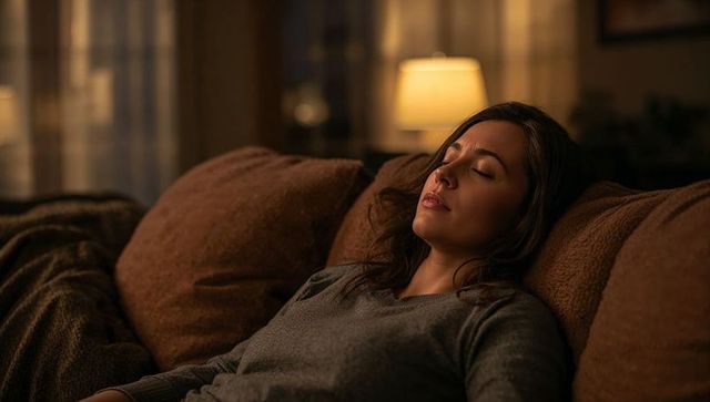 Woman relaxing on couch at night under warm lamp light cozy living room resting