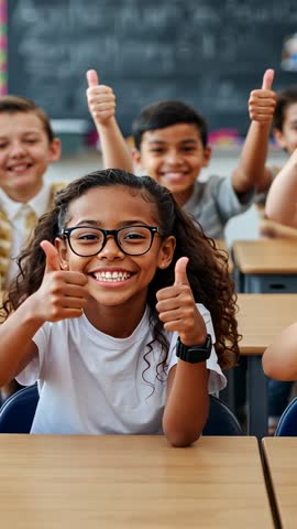 Vertical classroom video smiling girl giving thumbs up while classmates cheering together