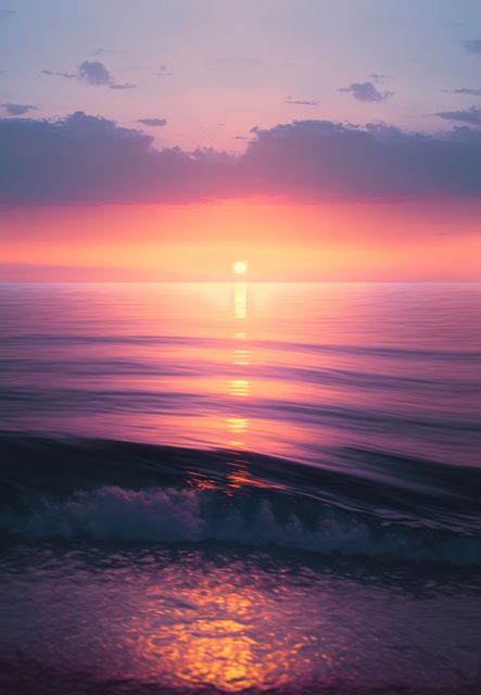 Vibrant sunset casting pink and purple hues over calm ocean waves with gentle cloud formation in sky. Ideal for backgrounds, screensavers, travel websites, posters, and inspirational quotes.