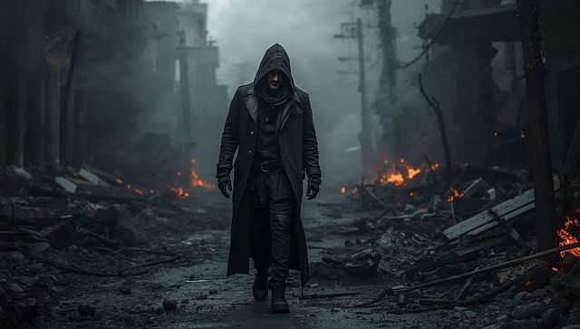 Mysterious Hooded Figure Walking War-Torn Streets