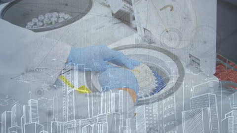 Lab Researcher Analyzing Samples with Connected Network Graphics