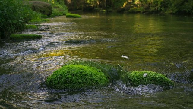 Sunlit moss-covered rocks creating gentle ripples in shallow forest stream with daisies