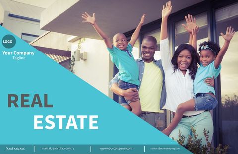 Diverse family posing happily in front of modern home for real estate advertising