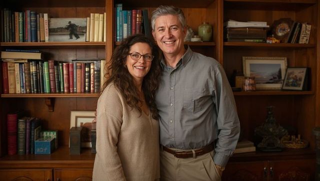 Smiling middle-aged couple standing in cozy home library embracing warmth and comfort