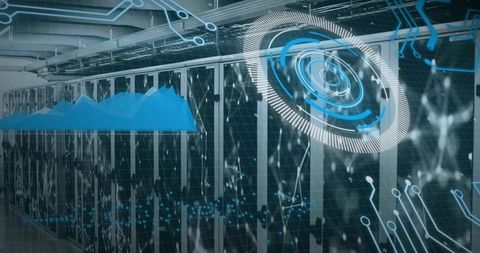 Futuristic data center racks showing holographic analytics hud and network infrastructure
