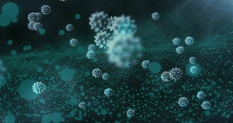 Floating spiky viral particles drifting through teal aerosol field with bokeh glow and depth