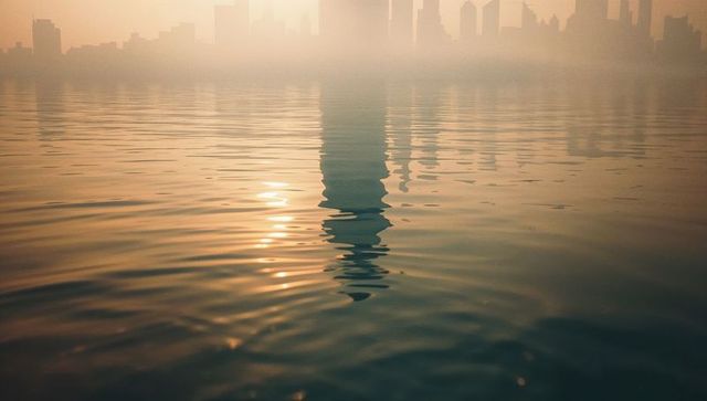 Golden Hour Skyscraper Reflection in Urban Waterfront Mist