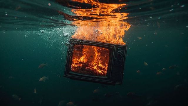Surreal Underwater Flames on Vintage Television Set