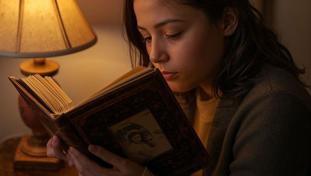 Teen reading vintage hardcover by lamp glow in cozy evening study moment