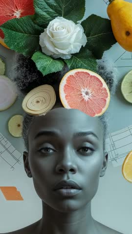 Vertical portrait video of woman blinking amid white rose and citrus collage, serene elegance