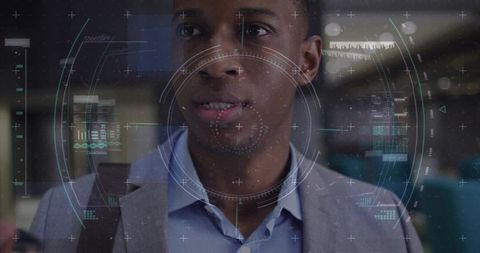 Mid-adult professional viewing augmented reality HUD at transit concourse smart overlay