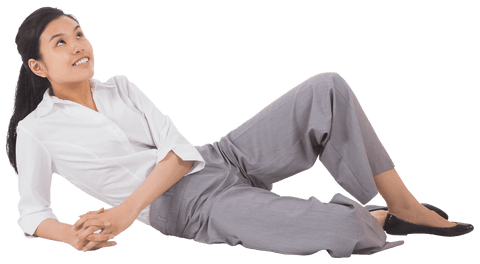 Asian Businesswoman Relaxed Smile in Formal Attire on Transparent