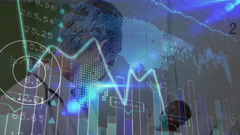 Doctor Using Tablet with Scientific Data and Digital Graphics Overlay