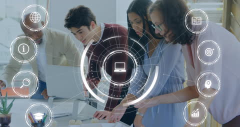 Collaborative Team Meeting with Futuristic Digital Interface USA