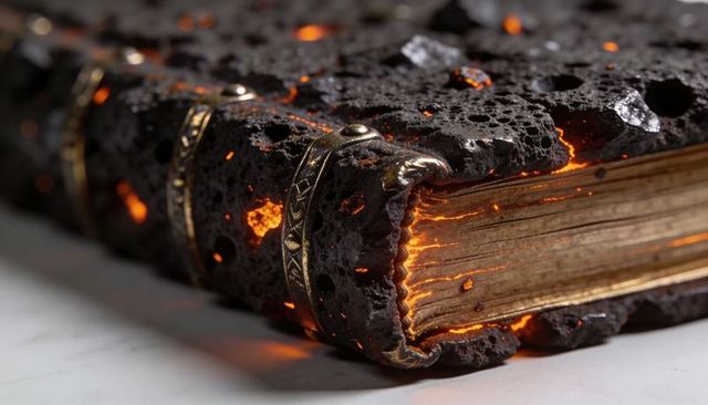 Glowing charred tome with ember-lit gilded pages and ornate brass clasps, soot-streaked cover