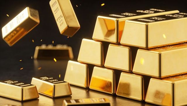 Falling gold bars sending sparks over dark reflective surface, gleaming bullion stack