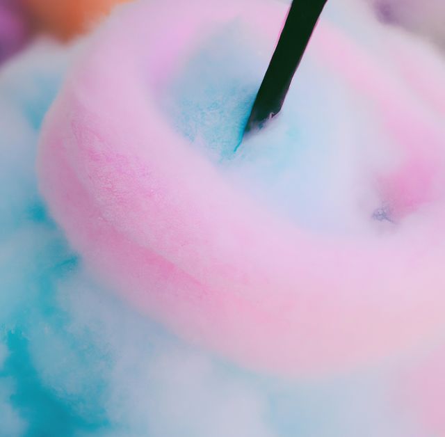 Close up of pink and blue cotton candy created using generative ai technology. Sweets, food and nutrition concept, digitally generated image.