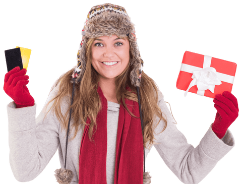 Happy Woman in Winter Clothes Holding Gift and Credit Cards Transparent