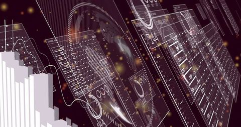 Futuristic Maroon 3D Data Dashboard with Floating Panels, Graphs and Holographic Gauges