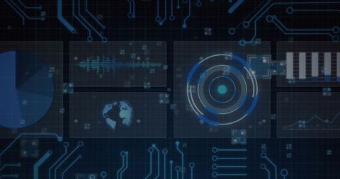Pulsing Concentric HUD Dashboard Over Dark Grid Showing Waveform Globe Charts and Circuitry