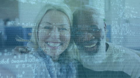 Diverse Couple Surrounded by Digital Data Graphics Concept