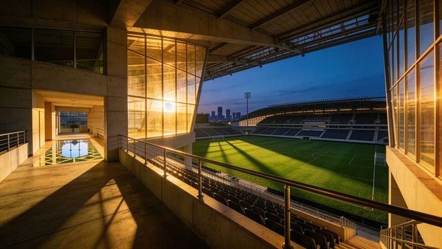 Twilight stadium concourse bathing in golden light over empty soccer pitch with reflective glass