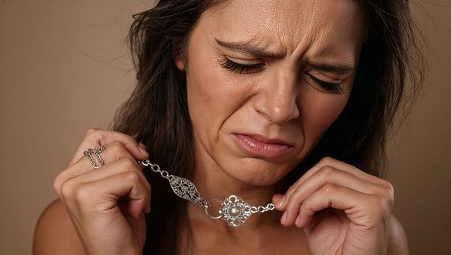 Woman grimacing while holding ornate silver filigree necklace closeup