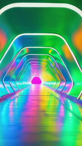 Gliding through neon hexagon tunnel vertical video, futuristic reflective walkway loop
