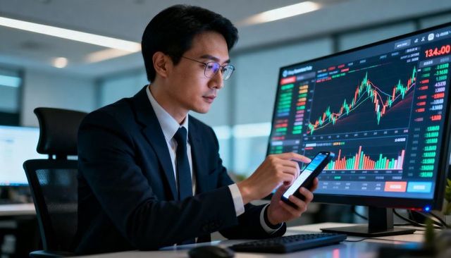 Financial Analyst Analyzing Stock Charts on Monitor While Using Smartphone with Live Market Data
