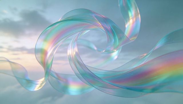 Iridescent twisting ribbons spiraling above clouds at pastel sunrise soft vertical video
