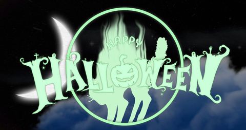 night sky features stylized 'happy halloween' text with spooky silhouettes, suitable for promoting halloween events, creating themed posters, or enhancing social media posts celebrating halloween traditions and festivities.