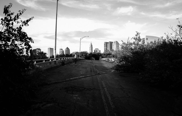Black and white scene portrays abandoned road with overgrowth and city skyline in background. Ideal for illustrations of urban decay, desolation, and nature reclaiming urban spaces. Great for themes of solitude, exploration, or contrast between nature and city life.