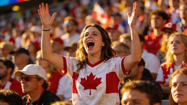 Cheering canadian fan raising arms and celebrating in sunlit stadium crowd at soccer match