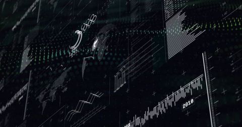 Dark digital finance dashboard displaying global market data and analytical charts