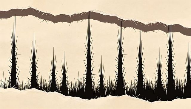Minimal torn paper collage featuring spiky plant silhouettes on beige textured backdrop