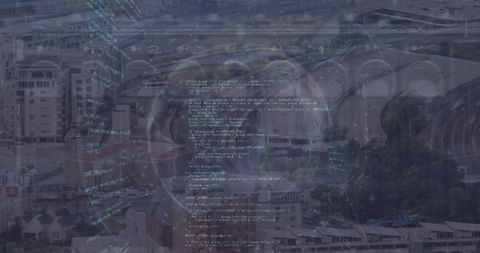 Digital code and cityscape blend for urban tech insights