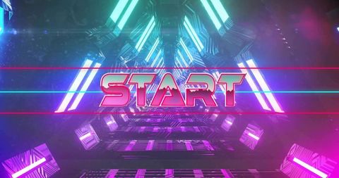 Retro futuristic neon start text in synthwave tunnel with laser grid perspective