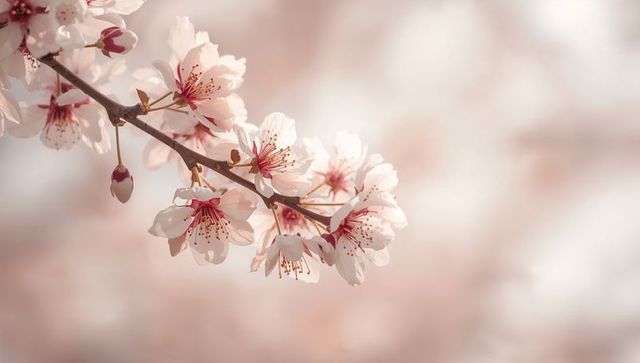 Soft pink cherry blossoms on branch with delicate stamens and pastel bokeh background