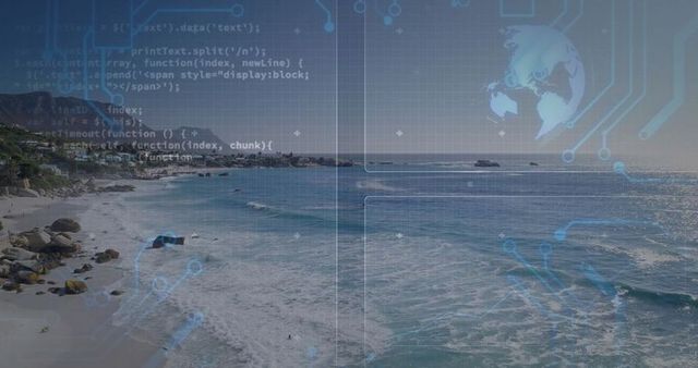 Tech Code Overlaid on Tranquil Seacoast with Glowing Globe