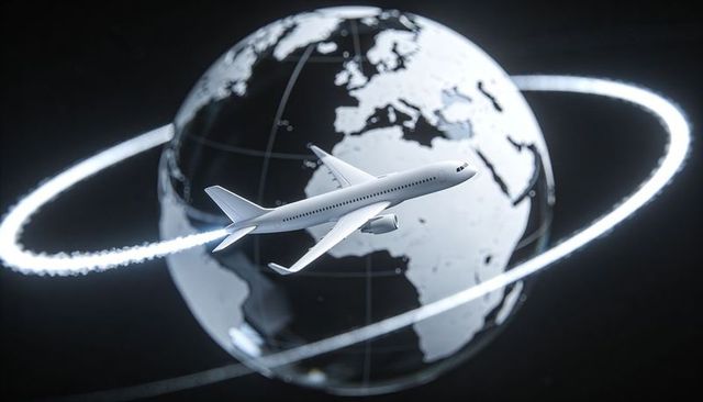 Commercial jet circling glowing globe with orbit rings showing europe africa connectivity
