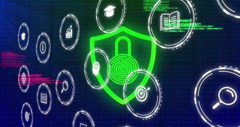 Neon cybersecurity shield with biometric fingerprint lock on futuristic hud interface