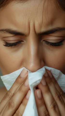 Vertical close-up video of woman blowing nose into tissue, showing allergy and cold relief
