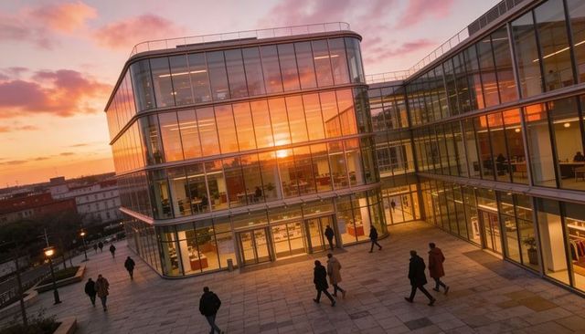 Sunset reflections on curved glass office building with pedestrians crossing urban plaza