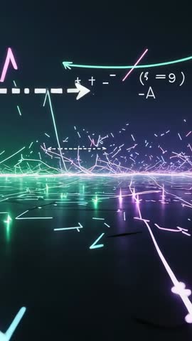 Vertical Neon Data Stream Entering with Moving Dashed Arrow and Glowing Math Symbols